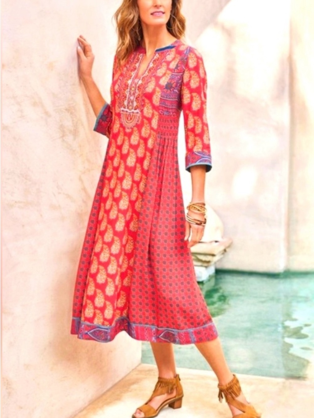 Soft Surroundings Phoenix Dress Women Medium Petite Red Boho Beaded Embroidered